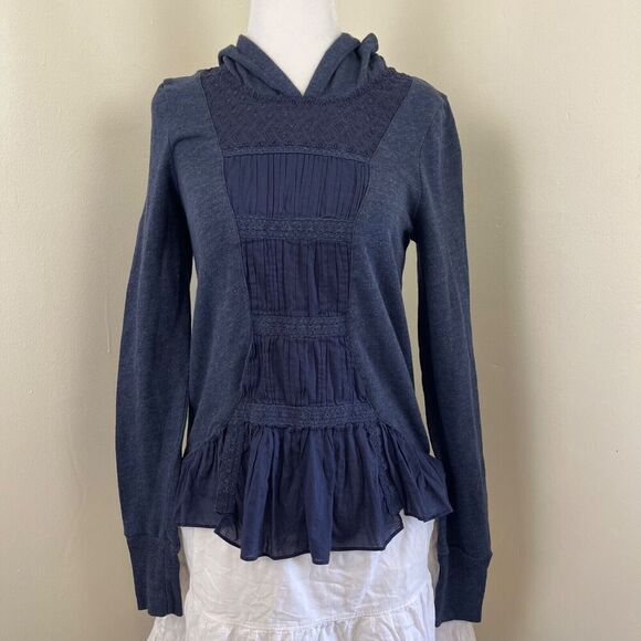 E by Eloise Embroidered Ruffle Peplum Pullover Hoodie Jacket XS Blue Hooded - Picture 1 of 9